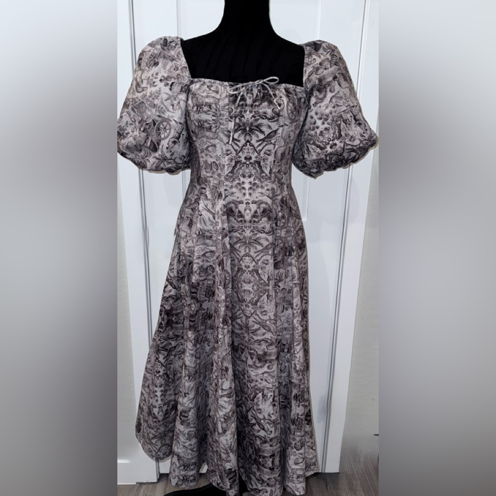 Selkie Heritage Day Brown Toile Puff Sleeve Cotton Midi Dress S